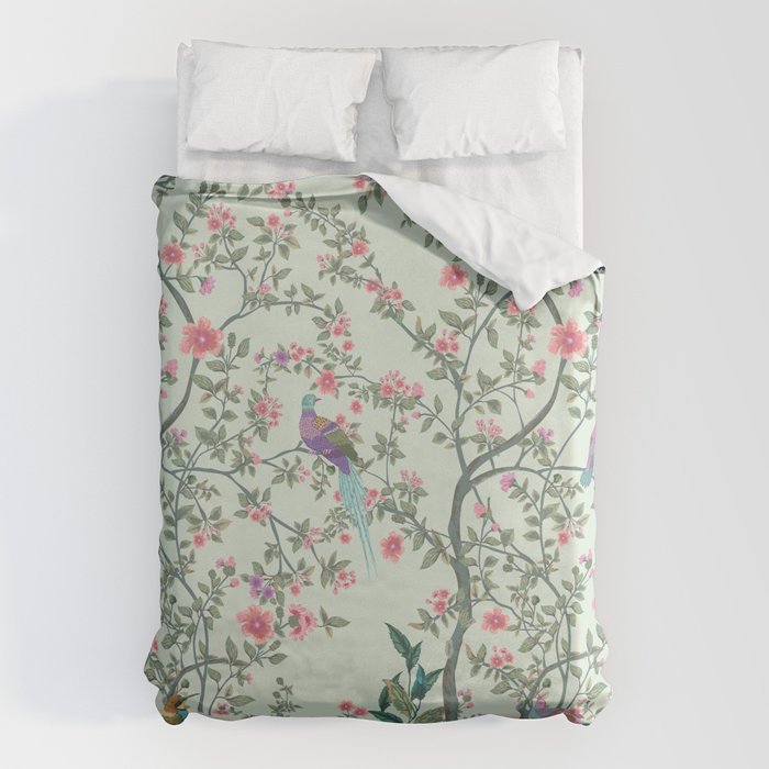 Chinoiserie Mint Green Pastel Fresco Floral Garden Birds Oriental Botanical Duvet Cover Gallery Image 6