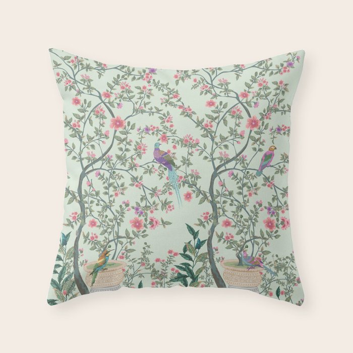 Chinoiserie Mint Green Pastel Fresco Floral Garden Birds Oriental Botanical Throw Pillow Gallery Image 6