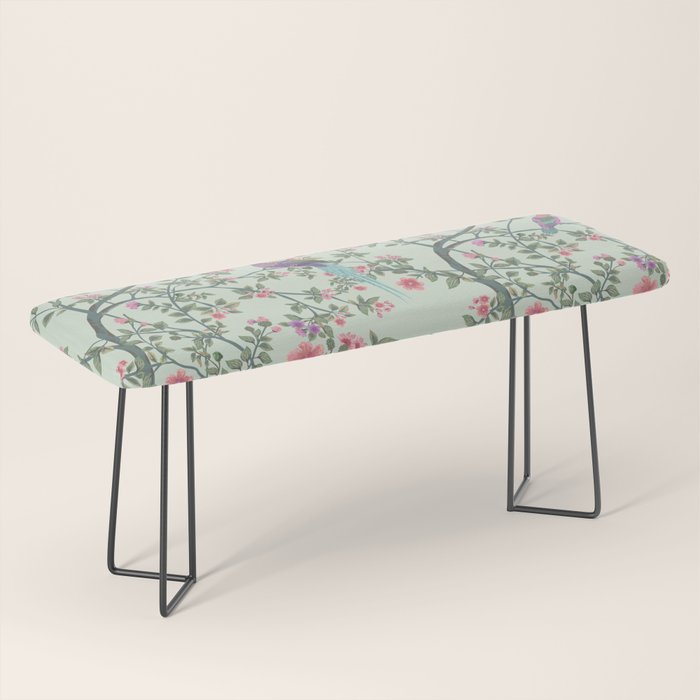 Chinoiserie Mint Green Pastel Fresco Floral Garden Birds Oriental Botanical Bench Gallery Image 1