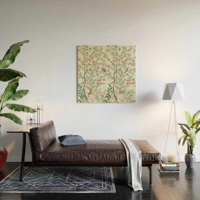 Chinoiserie Mint Green Pastel Fresco Floral Garden Birds Oriental Botanical Wood Wall Art Gallery Image 2