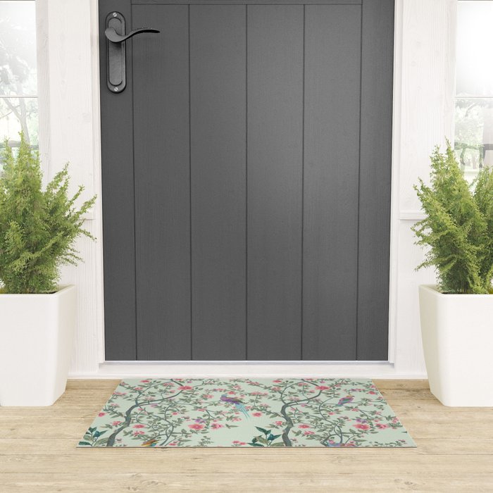 Chinoiserie Mint Green Pastel Fresco Floral Garden Birds Oriental Botanical Welcome Mat Gallery Image 3
