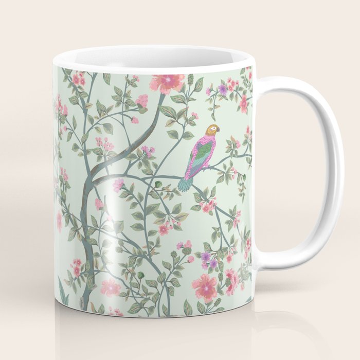 Chinoiserie Mint Green Pastel Fresco Floral Garden Birds Oriental Botanical Coffee Mug Gallery Image 1