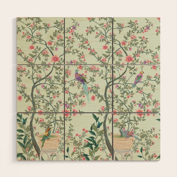 Chinoiserie Mint Green Pastel Fresco Floral Garden Birds Oriental Botanical Wood Wall Art Gallery Image 1