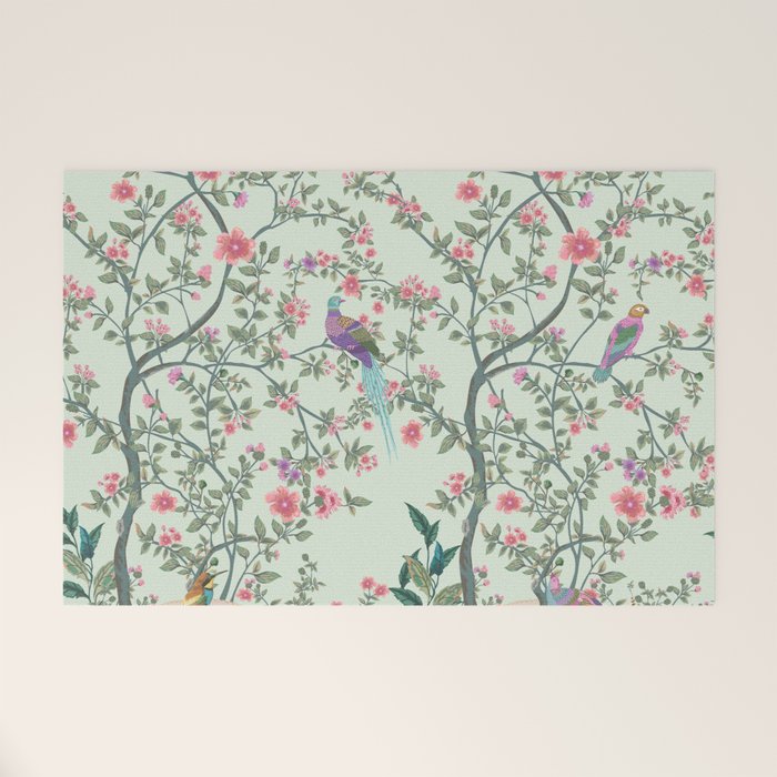 Chinoiserie Mint Green Pastel Fresco Floral Garden Birds Oriental Botanical Welcome Mat Gallery Image 1