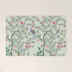 Chinoiserie Mint Green Pastel Fresco Floral Garden Birds Oriental Botanical Welcome Mat Gallery Image 1