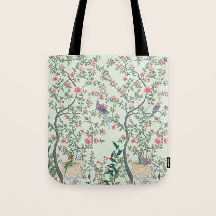 Chinoiserie Mint Green Pastel Fresco Floral Garden Birds Oriental Botanical Tote Bag Gallery Image 1