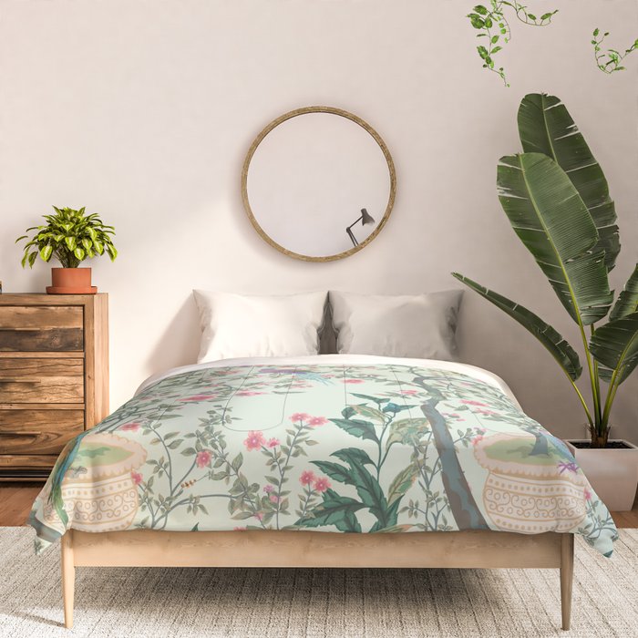 Chinoiserie Mint Green Pastel Fresco Floral Garden Birds Oriental Botanical Comforter Gallery Image 3