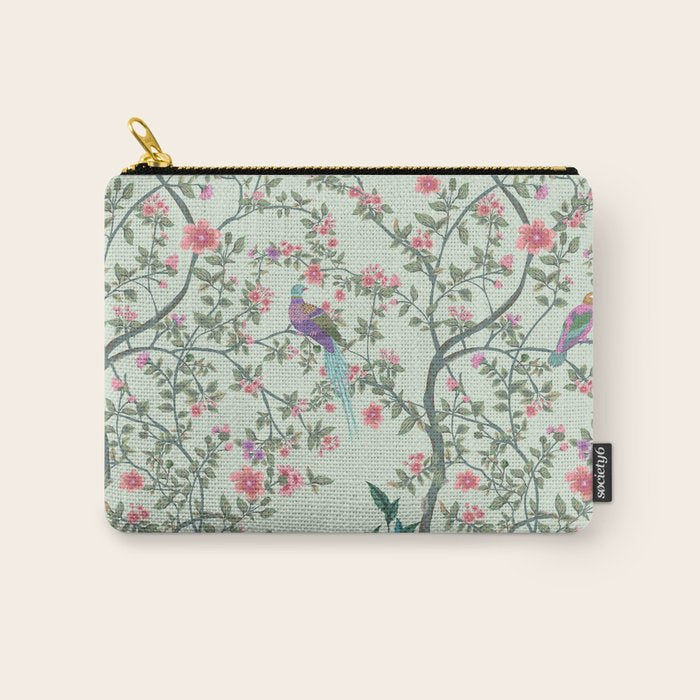 Chinoiserie Mint Green Pastel Fresco Floral Garden Birds Oriental Botanical Carry All Pouch Gallery Image 1
