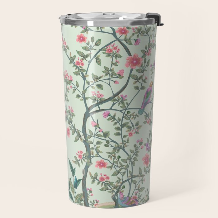 Chinoiserie Mint Green Pastel Fresco Floral Garden Birds Oriental Botanical Travel Mug Gallery Image 2
