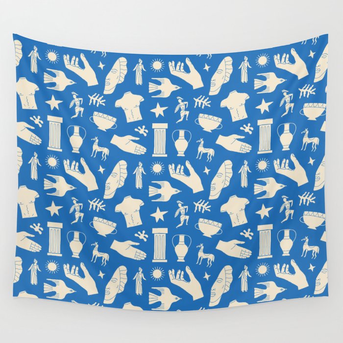 Ancient blue greek statue doodle pattern Wall Tapestry Gallery Image 4