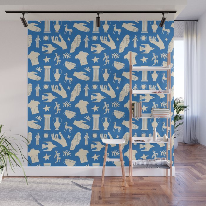Ancient blue greek statue doodle pattern Wall Mural Gallery Image 1