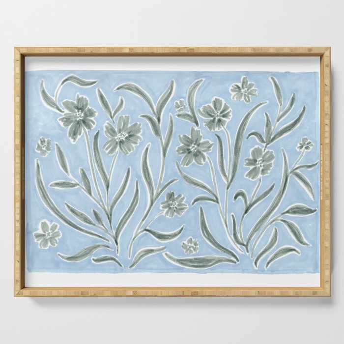 Blue and Gray Modern Florals Serving Tray Gallery Image 1
