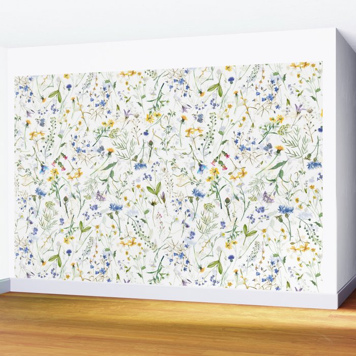 Scandinavian Midsummer Blue And Yellow Wildflowers Meadow  Wall Mural Gallery Image 2