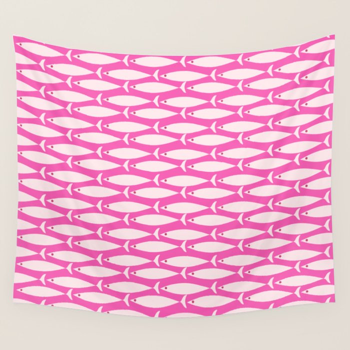 Coastal Fish Geometric Pattern in Bright Pink Wall Tapestry Gallery Image 4
