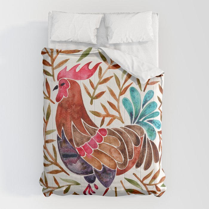 Le Coq â Watercolor Rooster with Sepia Leaves Comforter Gallery Image 6