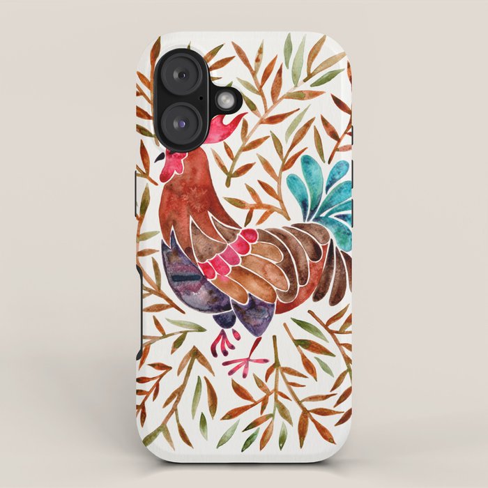 Le Coq â Watercolor Rooster with Sepia Leaves iPhone Case Gallery Image 1