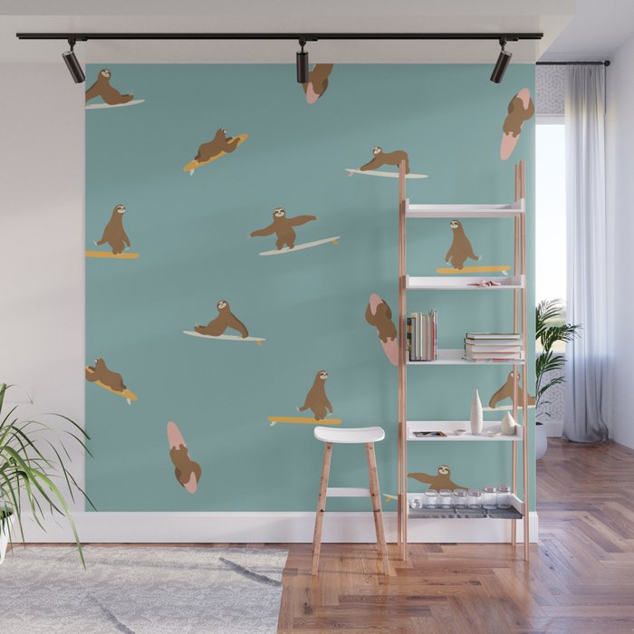 Surfing Sloth in Blue Wall Mural Gallery Image 1