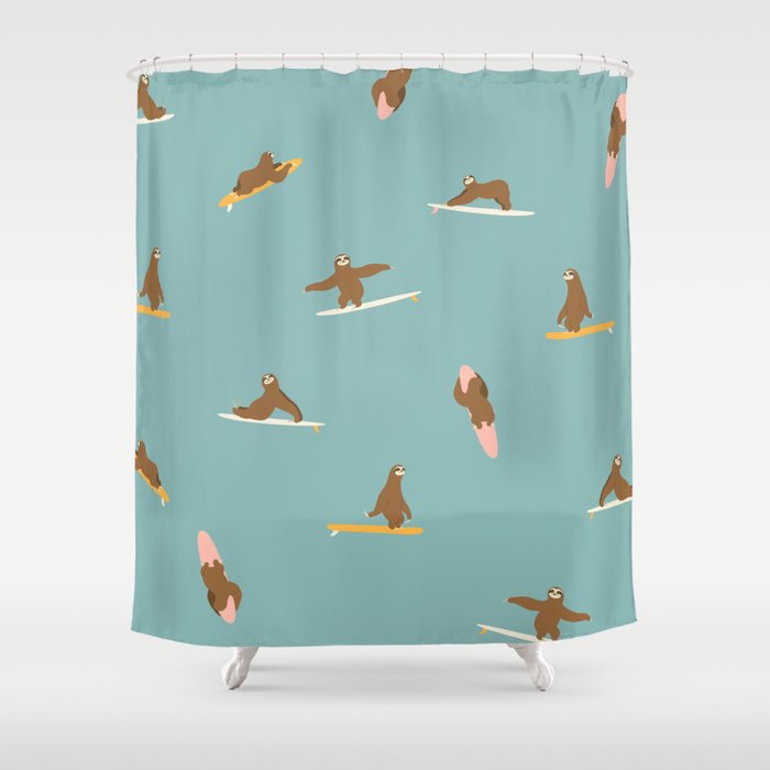 Surfing Sloth in Blue Shower Curtain Gallery Image 1