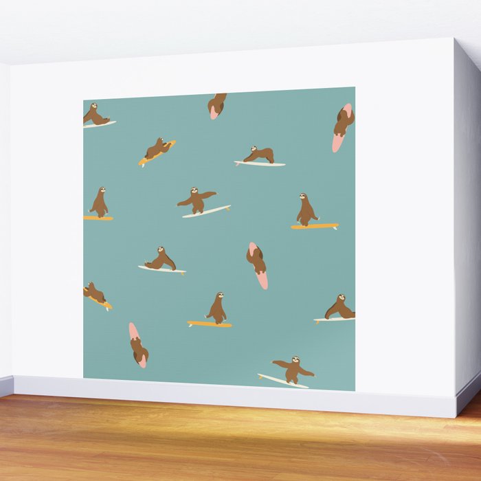 Surfing Sloth in Blue Wall Mural Gallery Image 2