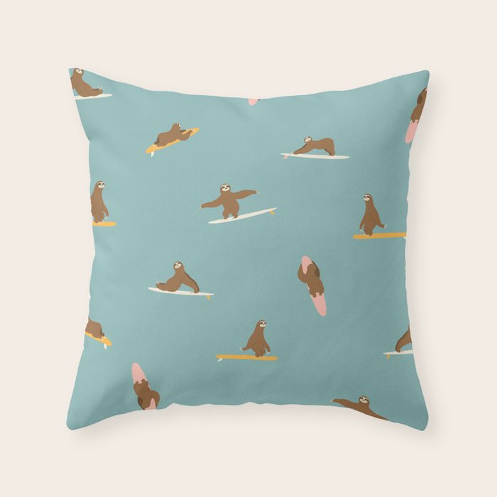 Surfing Sloth in Blue Throw Pillow Gallery Image 6