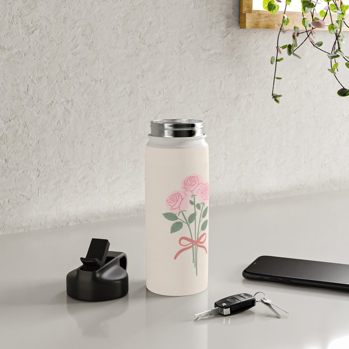 Vintage Pink Rose Bouquets with Ribbon Bows on Cream Water Bottle Gallery Image 4
