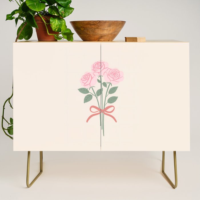 Vintage Pink Rose Bouquets with Ribbon Bows on Cream Credenza Gallery Image 1