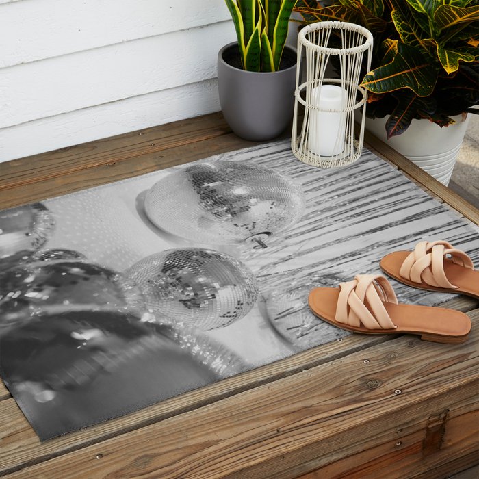 Disco Balls | Glitter Party Photo Art Print | Black & White 70s Sparkle Photography Outdoor Rug Gallery Image 2