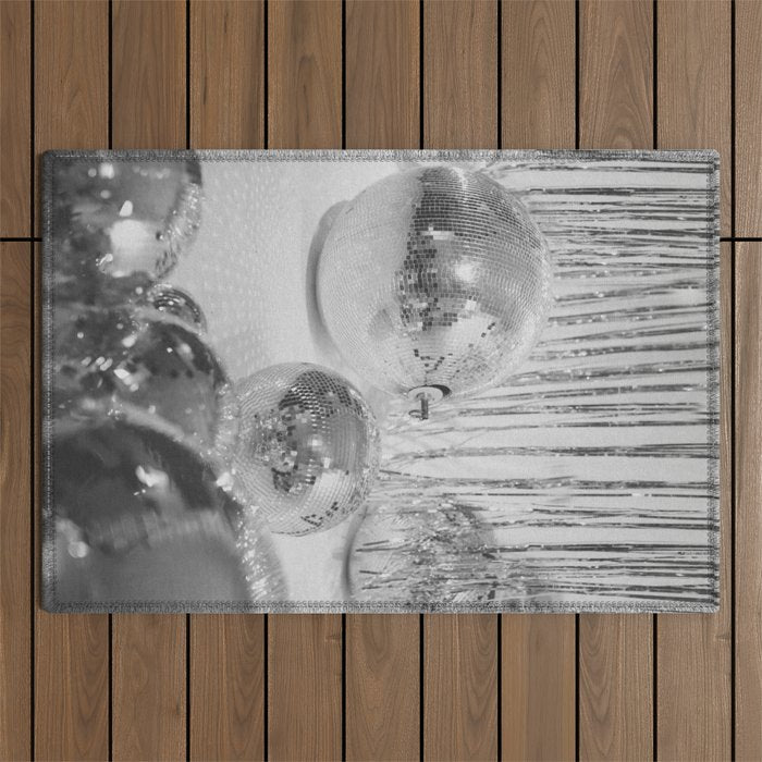 Disco Balls | Glitter Party Photo Art Print | Black & White 70s Sparkle Photography Outdoor Rug Gallery Image 1