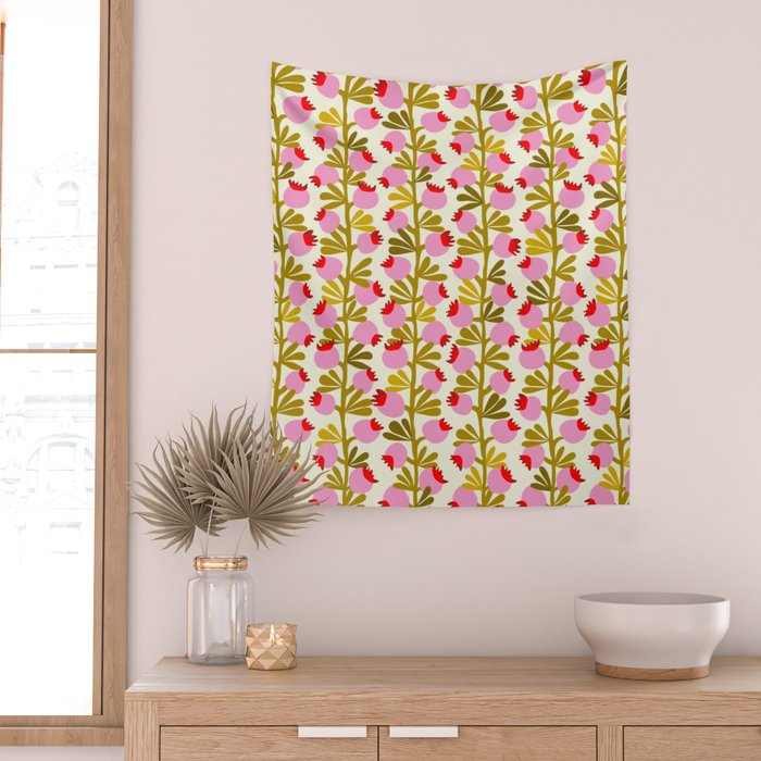 Minimal nordic flower pink with green Wall Tapestry Gallery Image 2
