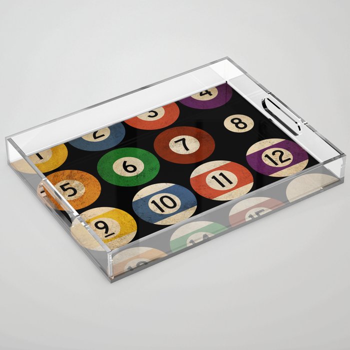 Billiards balls colorful man cave game room numerals art Acrylic Tray Gallery Image 1