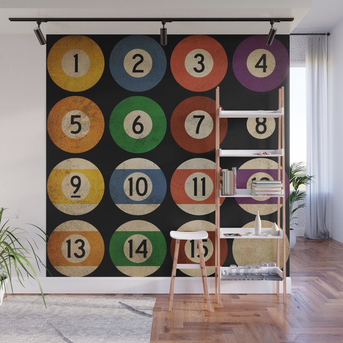 Billiards balls colorful man cave game room numerals art Wall Mural Gallery Image 1