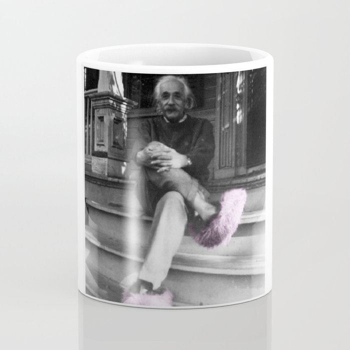 Satirical Einstein in Fuzzy Pink Slippers Classic E = mc² Black and White Satirical Photography  Coffee Mug Gallery Image 4