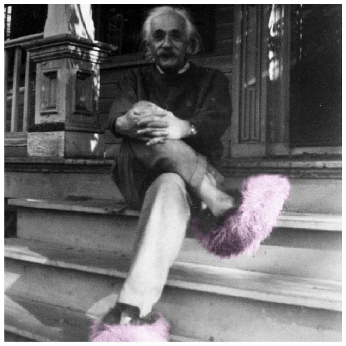 Satirical Einstein in Fuzzy Pink Slippers Classic E = mc² Black and White Satirical Photography  Coffee Mug Gallery Image 2