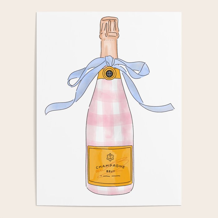 Pink Gingham Preppy Painted Champagne Bottle Poster Gallery Image 1