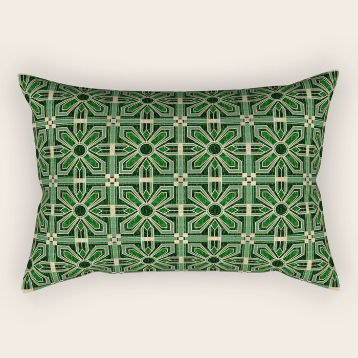 Art Deco Floral Tiles in Emerald Green and Faux Gold Rectangular Pillow Gallery Image 1