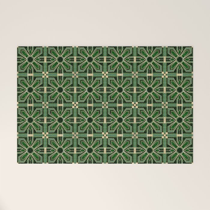 Art Deco Floral Tiles in Emerald Green and Faux Gold Welcome Mat Gallery Image 1