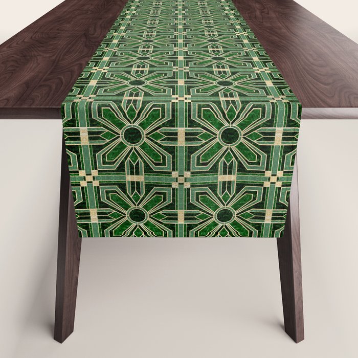 Art Deco Floral Tiles in Emerald Green and Faux Gold Table Runner Gallery Image 1