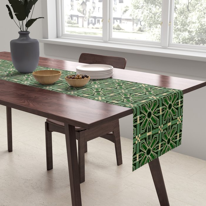 Art Deco Floral Tiles in Emerald Green and Faux Gold Table Runner Gallery Image 2