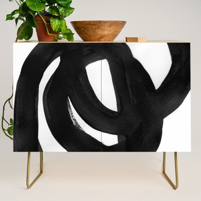 Black & White Minimalist Ink Tribal Mid Century Pattern Dark Painting Pattern Credenza Gallery Image 1