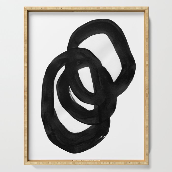 Black & White Minimalist Ink Tribal Mid Century Pattern Dark Painting Pattern Serving Tray Gallery Image 1