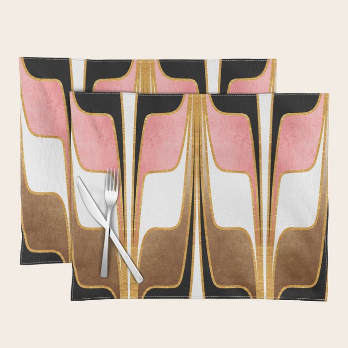 Mid Century Modern Liquid Watercolor Abstract / Faux Gold, Blush Pink, Brown, Black, White / V1 Placemat Gallery Image 1