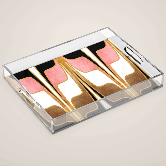 Mid Century Modern Liquid Watercolor Abstract / Faux Gold, Blush Pink, Brown, Black, White / V1 Acrylic Tray Gallery Image 1