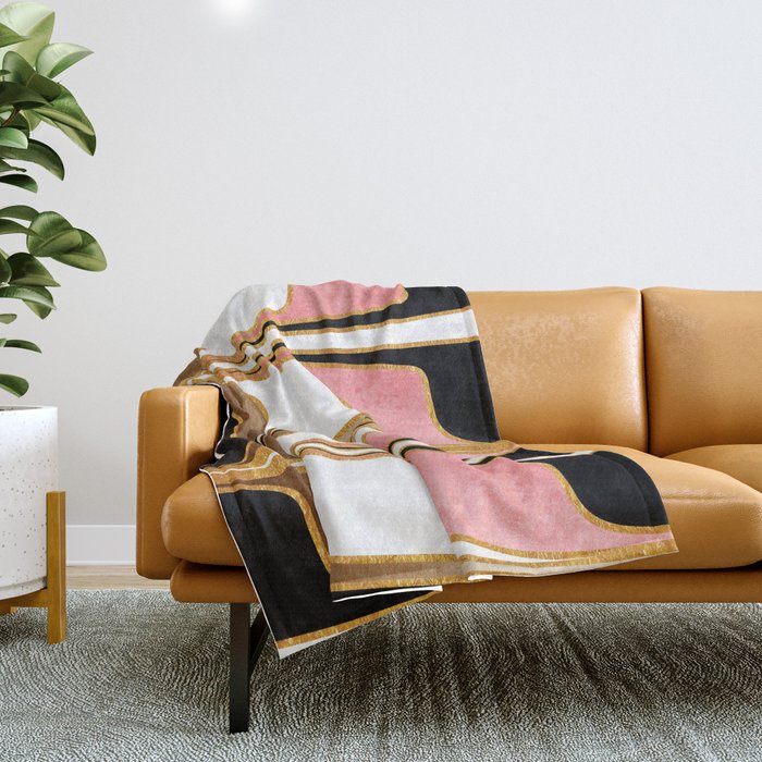Mid Century Modern Liquid Watercolor Abstract / Faux Gold, Blush Pink, Brown, Black, White / V1 Throw Blanket Gallery Image 1