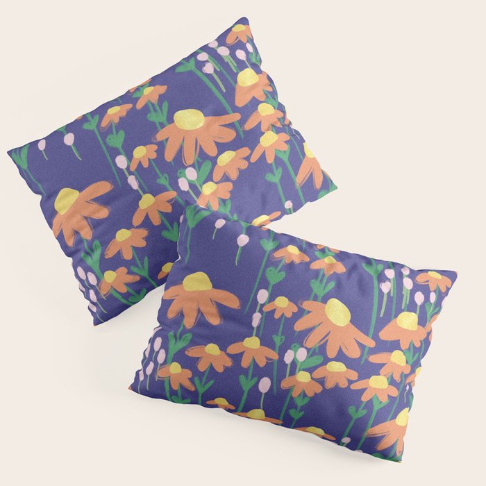 Orange Flowers on Indigo Pillow Sham Gallery Image 1