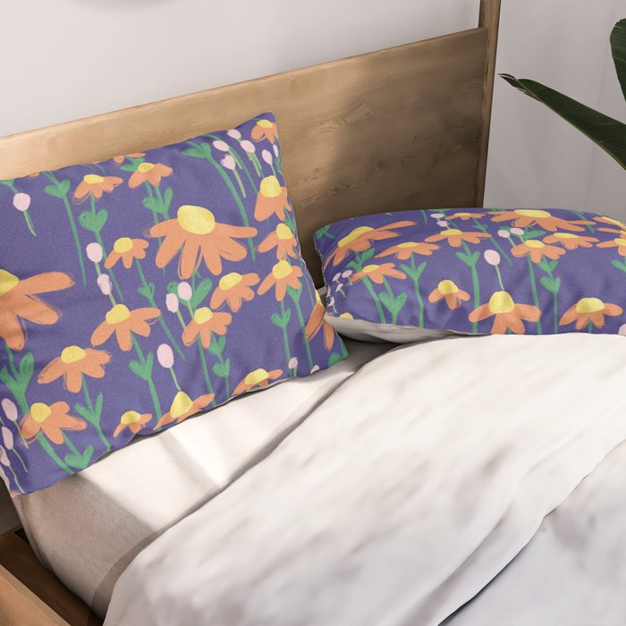 Orange Flowers on Indigo Pillow Sham Gallery Image 2