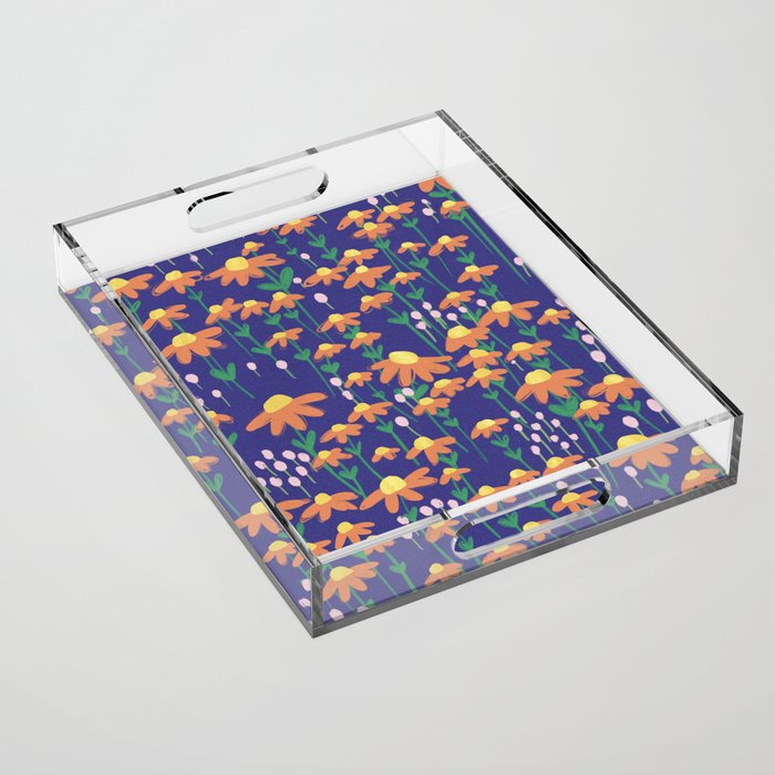 Orange Flowers on Indigo Acrylic Tray Gallery Image 1
