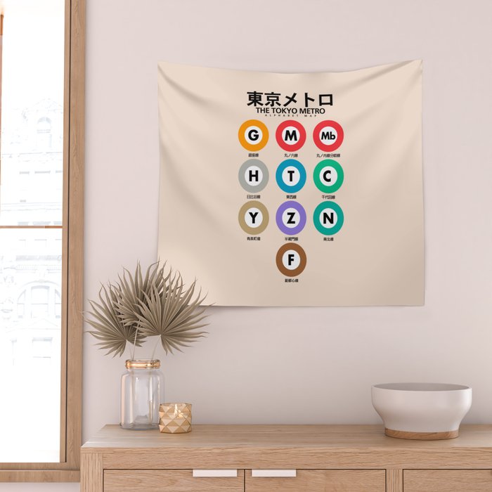 Tokyo subway map print. City metro alphabet poster, japan underground print, japanese city wall art. Wall Tapestry Gallery Image 2