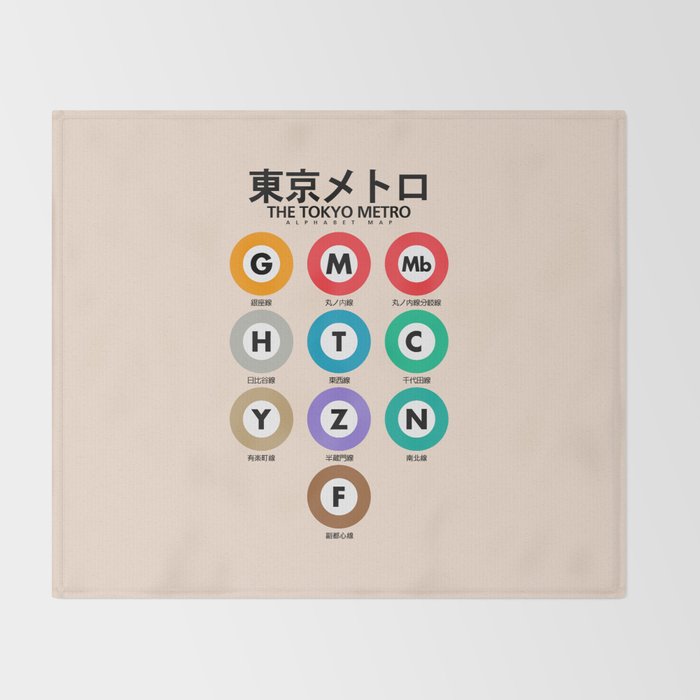 Tokyo subway map print. City metro alphabet poster, japan underground print, japanese city wall art. Throw Blanket Gallery Image 2
