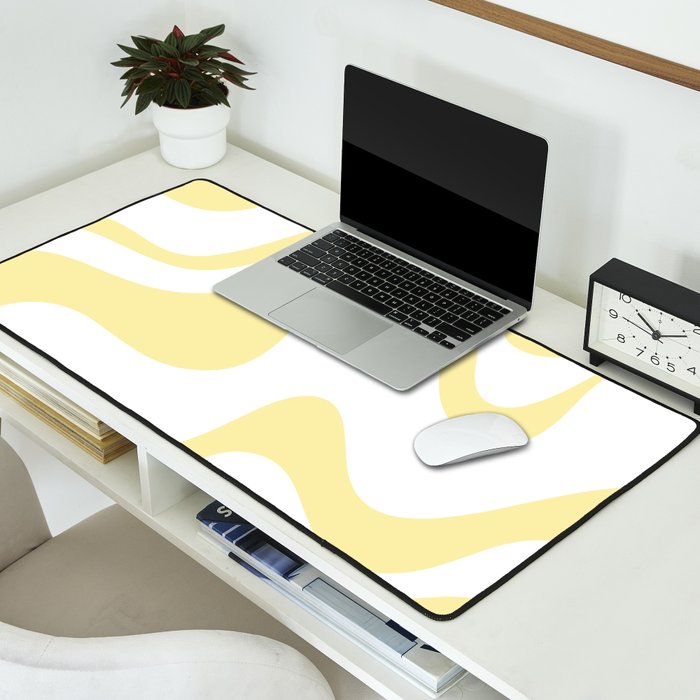 Retro Liquid Swirl Contemporary Abstract Butter Yellow and White Pattern 2 Desk Mat Gallery Image 2