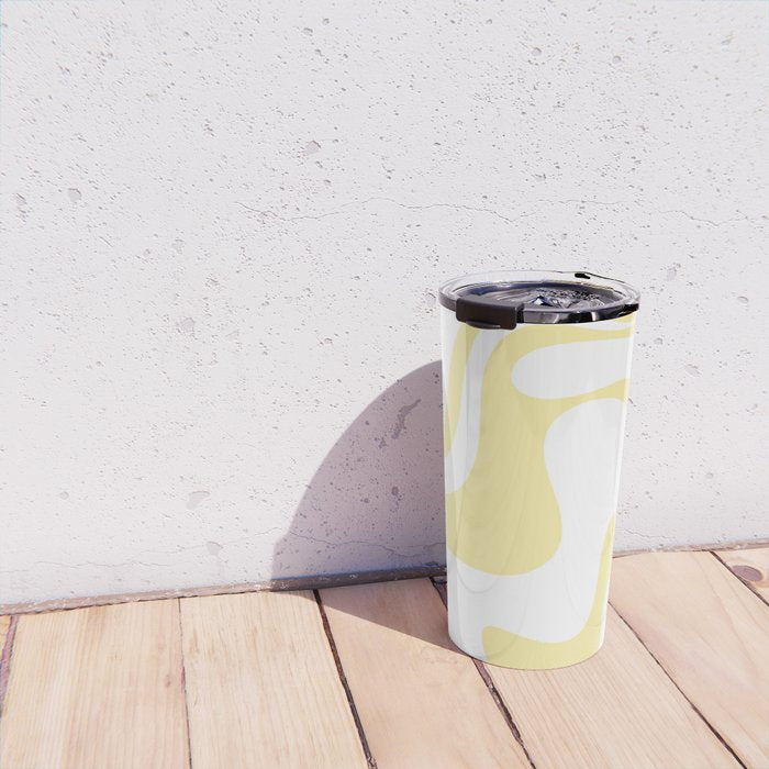 Retro Liquid Swirl Contemporary Abstract Butter Yellow and White Pattern 2 Travel Mug Gallery Image 4